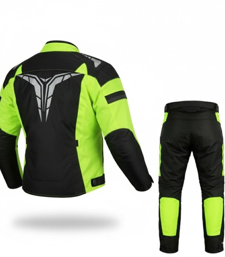 Two-Piece Waterproof Textile Motorcycle Touring Suit – Hi-Vis Yellow & Black Jacket and Pants Set
