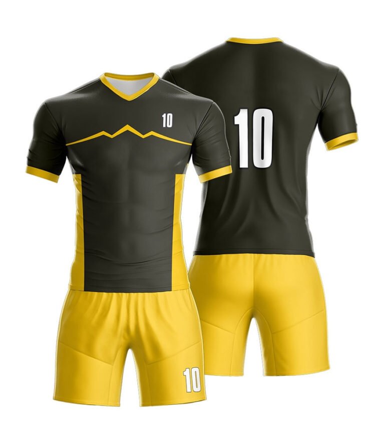 Men’s Black & Yellow Sublimated Mountain Peak Graphic Soccer Uniform Set – Numbered Athletic Kit