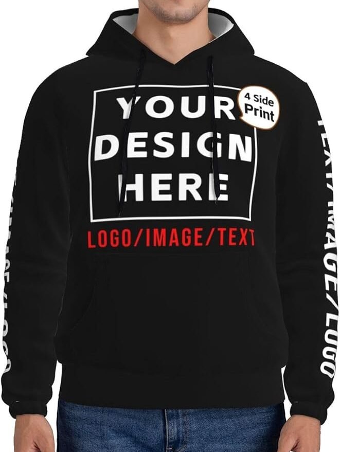 Custom Men’s Black Pullover Hoodie – Personalized Front, Back & Sleeve Print Sweatshirt