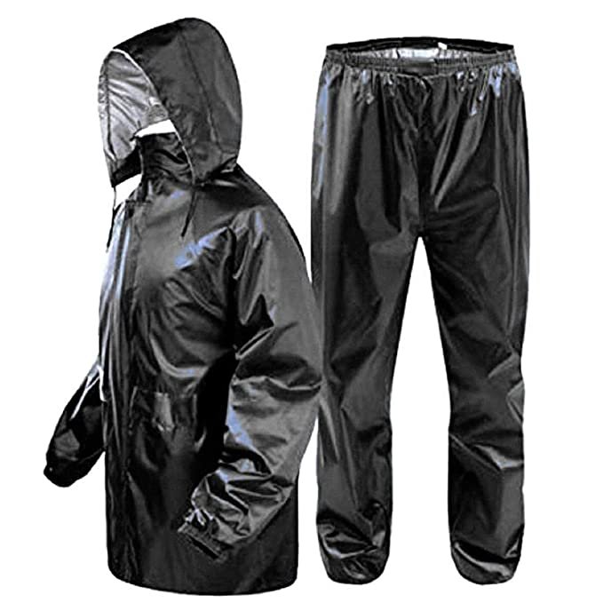 Unisex 2-Piece Heavy-Duty Waterproof Rain Suit – Hooded Rain Jacket & Pants Set – Black
