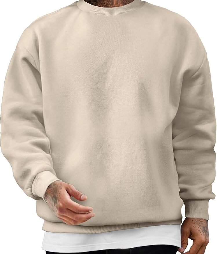 Men’s Beige Oversized Fleece Crewneck Sweatshirt – Casual Drop Shoulder Pullover