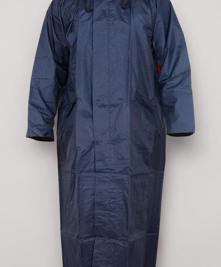 Full-Length Waterproof Raincoat with Drawstring Hood & Front Zipper Cover – Navy Blue
