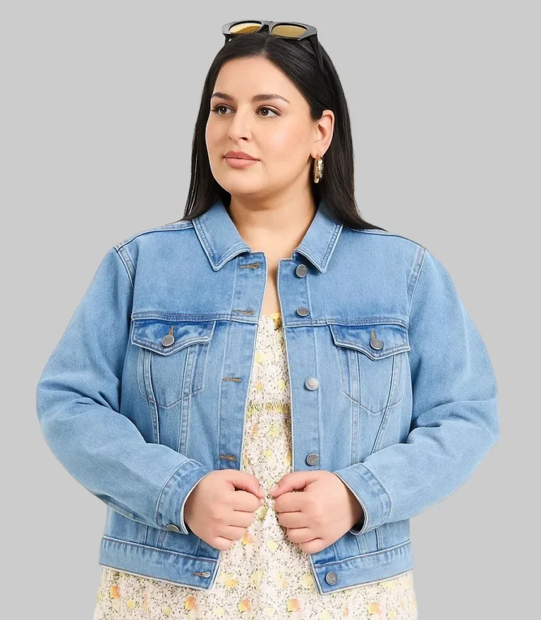 Women’s Light Wash Classic Denim Jacket – Plus Size Cotton Jean Jacket