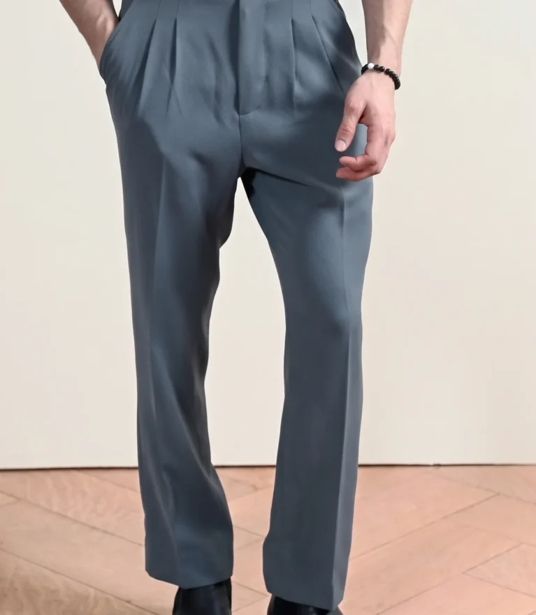 Men’s Slate Blue Double-Pleated Tailored Dress Trousers – High-Waisted Smart Pants
