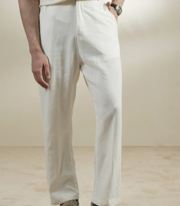 Men’s Off-White Relaxed Fit Linen Trousers – Lightweight Casual Summer Pants