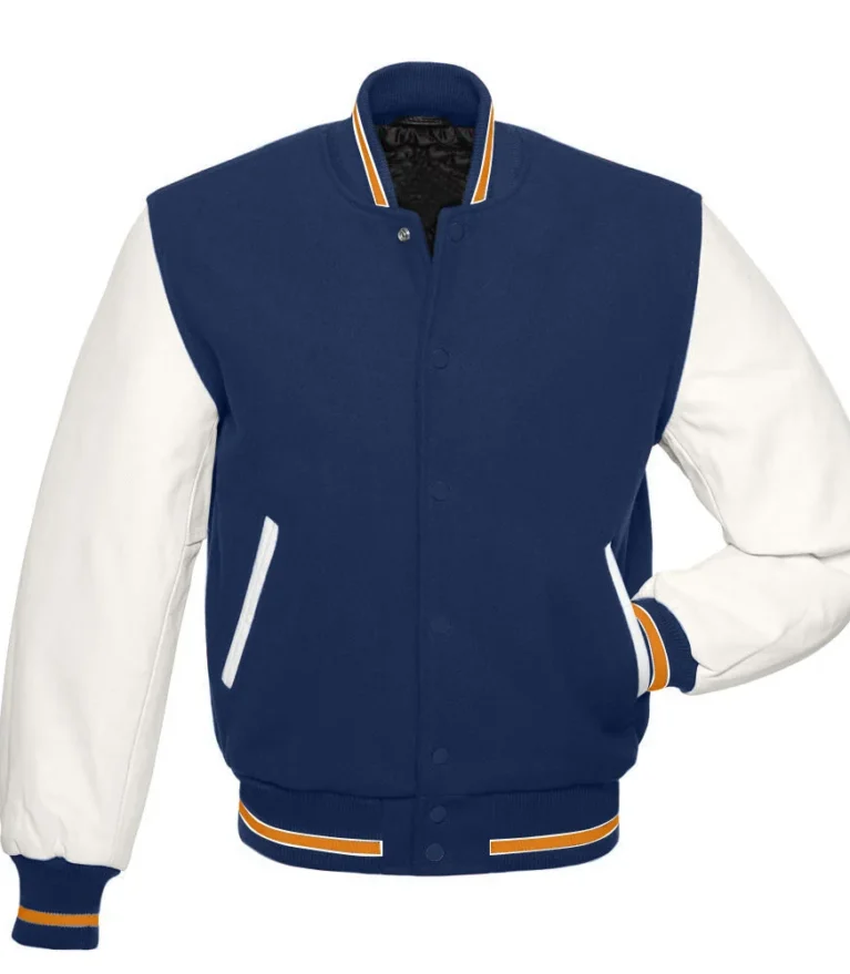 Men’s Navy Blue & White Wool Blend Letterman Varsity Jacket with Orange Trim