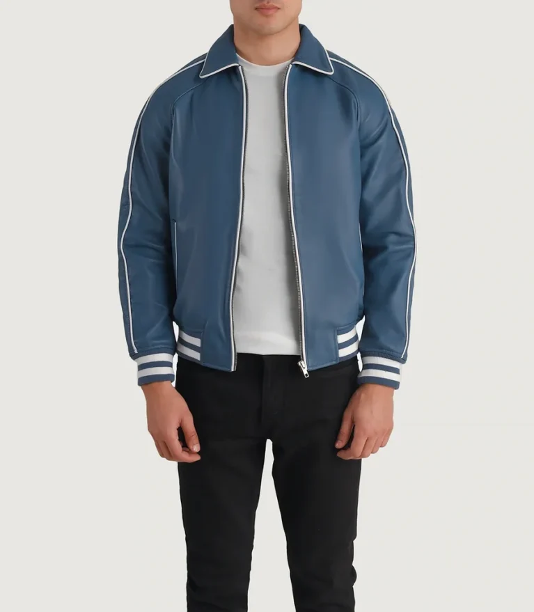 Men’s Steel Blue Leather Collared Zip-Up Varsity Jacket with White Piping