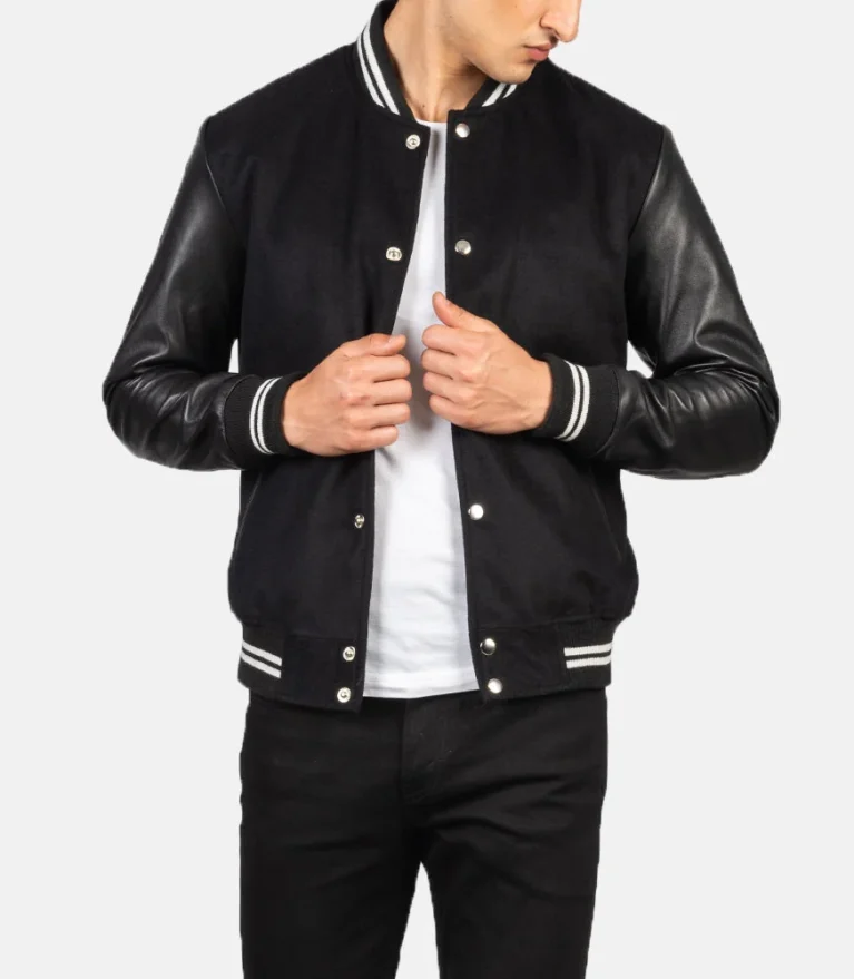 Men’s All-Black Wool Body & Leather Sleeve Striped Varsity Jacket