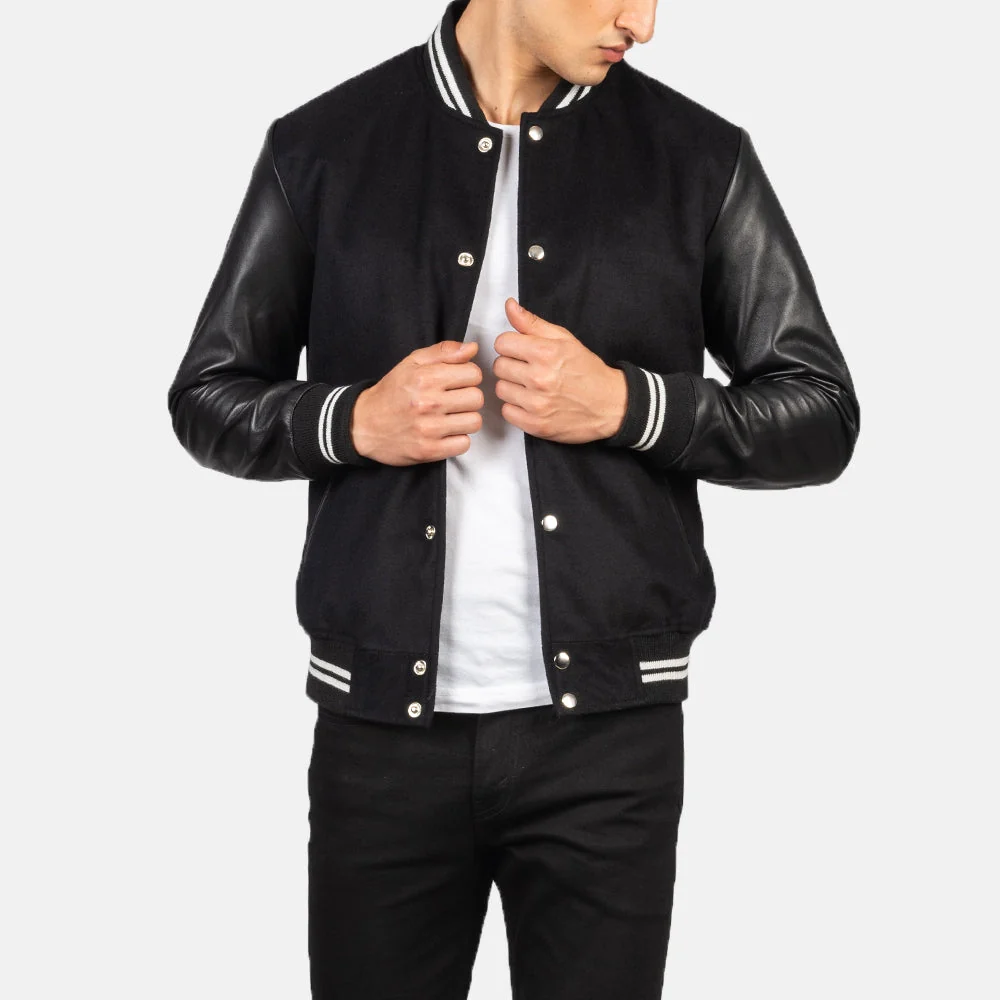 Men’s All-Black Wool Body & Leather Sleeve Striped Varsity Jacket