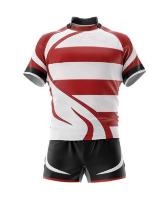 Men's Red & White Striped Curved Graphic Rugby Kit Set – Custom Team Jersey Set