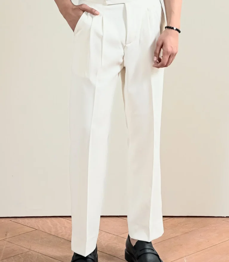 Men’s Off-White High-Waisted Tailored Gurkha Trousers – Double Pleated Dress Pants