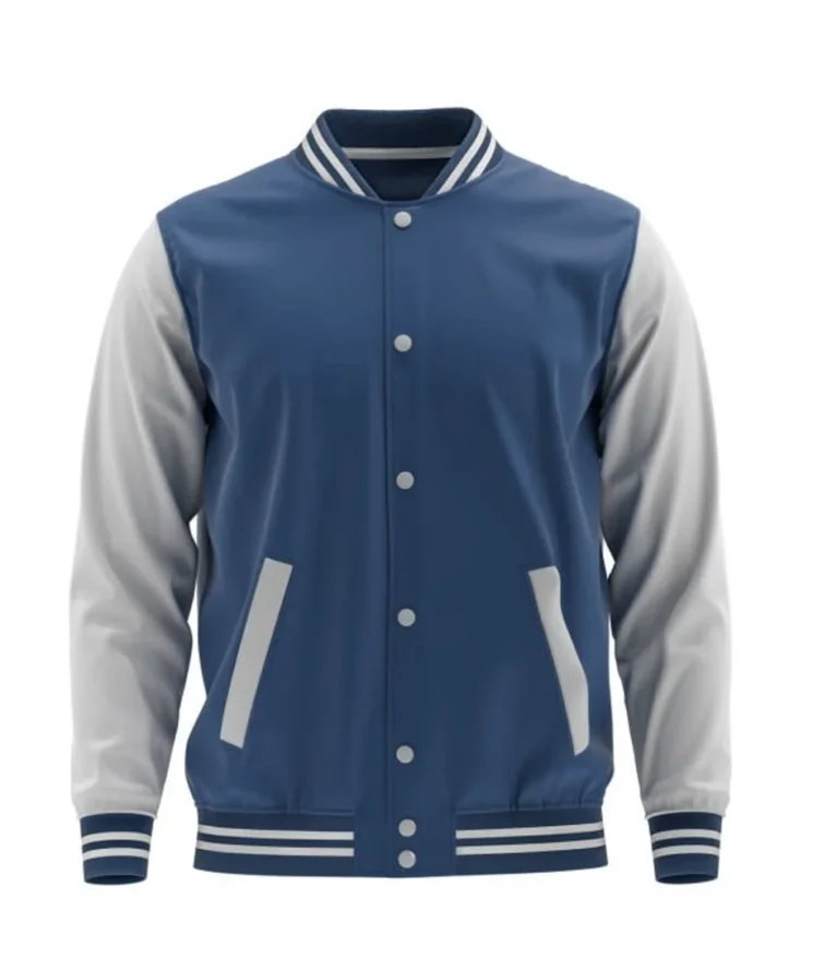 Men’s Slate Blue & Grey Two-Tone Snap-Front Letterman Varsity Jacket