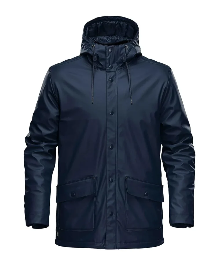 Men’s Classic Navy Blue Waterproof Raincoat – Hooded Rubberized Rain Jacket with Flap Pockets