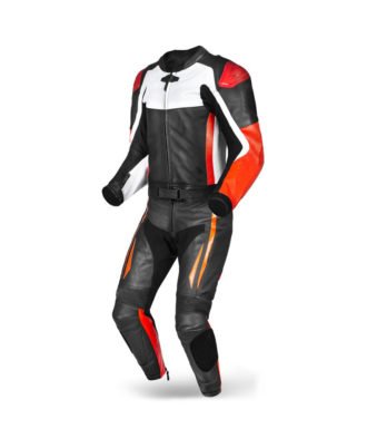 Two-Piece Motorcycle Leather Suit – Black, White & Orange Racing Jacket and Pants Set