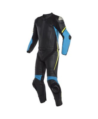 Professional One-Piece Leather Motorcycle Racing Suit – Black & Cyan Blue Track Suit
