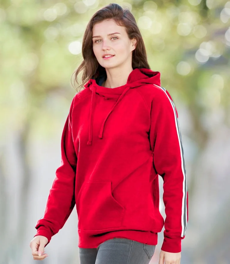 Women’s Red Fleece Pullover Hoodie – Athletic Stripe Sleeve Warm Sweatshirt