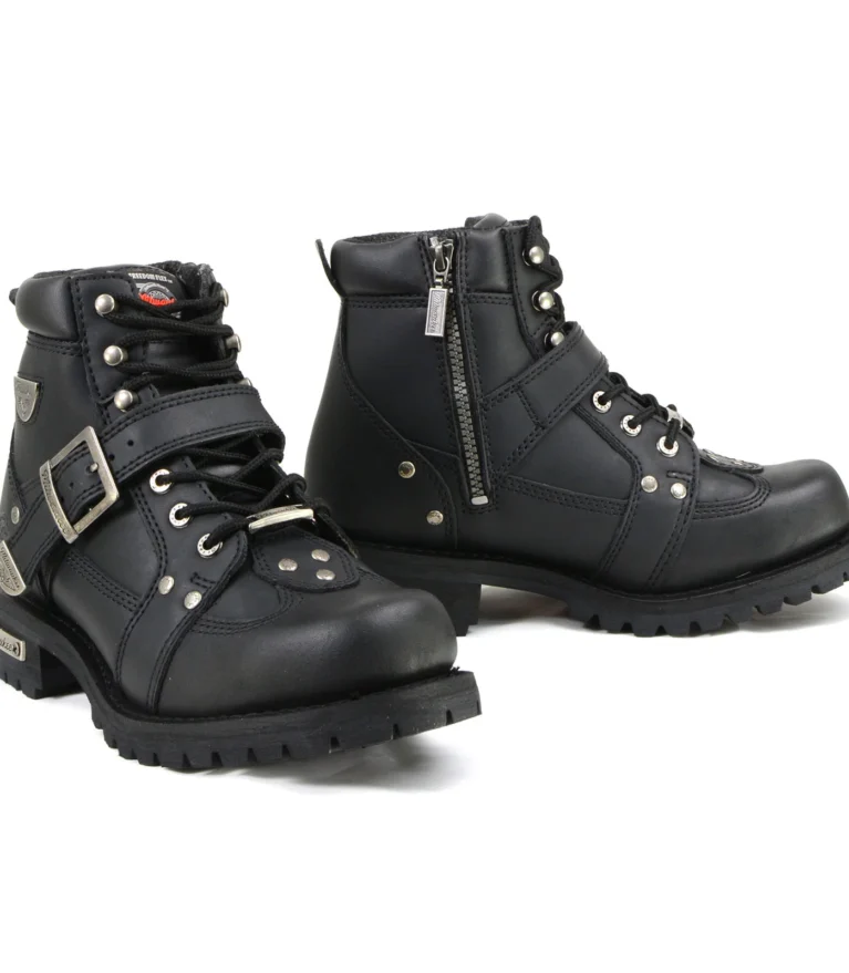 Men’s Heavy-Duty Black Leather Harness Biker Boots – Side Zipper Buckled Riding Boots