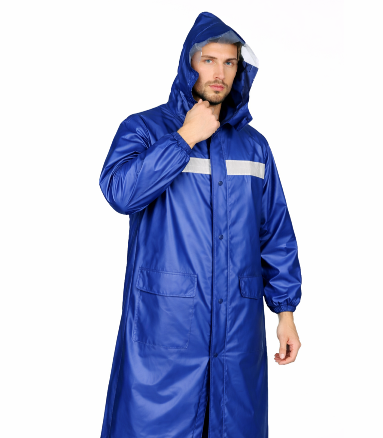 Men’s Long Waterproof Raincoat with Hood and Reflective Safety Strip – Royal Blue
