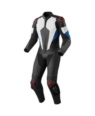 Men’s Professional One-Piece Leather Motorcycle Racing Suit – White, Black & Blue Track Suit