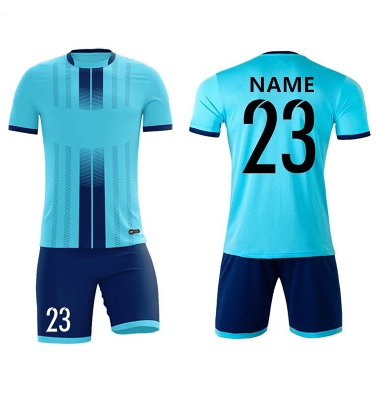 Men's Cyan & Navy Gradient Striped Custom Soccer Uniform Set – Numbered Athletic Jersey Kit